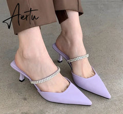 Aiertu Fashion Brand Women Slipper Crystal Pointed Toe Slip On Mules Shoes Thin High Heel Ladies Elegant Dress Slides Aiertu