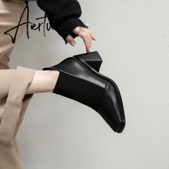 Aiertu Fashion Comfortable Genuine Leather Women's Ankle Boots Elegant Square Toe Thick Heels Pumps Party Casual Shoes Woman New Aiertu