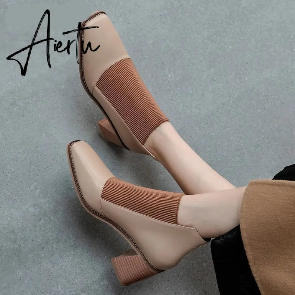 Aiertu Fashion Comfortable Genuine Leather Women's Ankle Boots Elegant Square Toe Thick Heels Pumps Party Casual Shoes Woman New Aiertu