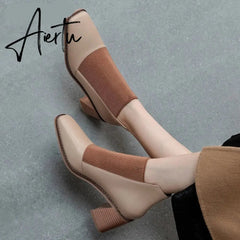 Aiertu Fashion Comfortable Genuine Leather Women's Ankle Boots Elegant Square Toe Thick Heels Pumps Party Casual Shoes Woman New Aiertu