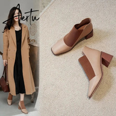 Aiertu Fashion Comfortable Genuine Leather Women's Ankle Boots Elegant Square Toe Thick Heels Pumps Party Casual Shoes Woman New Aiertu