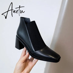 Aiertu Fashion Comfortable Genuine Leather Women's Ankle Boots Elegant Square Toe Thick Heels Pumps Party Casual Shoes Woman New Aiertu