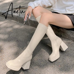 Aiertu Fashion Female Super High Heels Long Boots PU Leather Zipper Shoes New Autumn Women Pumps Ladies Knee High Motorcycle Boots Aiertu