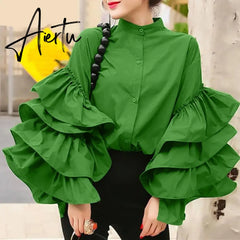 Aiertu Fashion Flare Sleeve Women Blouses Autumn Ruffled Shirt Casual Long Sleeve Tops Buttons Elegant Party Office Blusas Aiertu