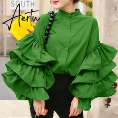 Aiertu Fashion Flare Sleeve Women Blouses Autumn Ruffled Shirt Casual Long Sleeve Tops Buttons Elegant Party Office Blusas Aiertu
