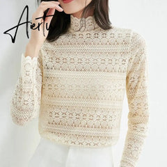 Aiertu Fashion Floral Embroidery Lace Blouses Women Spring Summer Sexy See-through Streetwear Tops Ladies Casual Long Sleeve shirts Aiertu