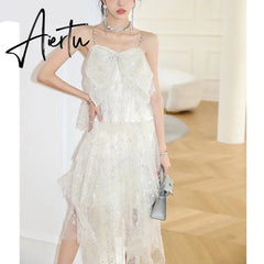 Aiertu Fashion Irregular Sequins Gypsophila Birthday Party Yarn Dress Women Light Luxury Sequins Diamonds Chain Suspender Dress Summer Aiertu