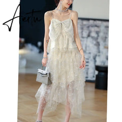 Aiertu Fashion Irregular Sequins Gypsophila Birthday Party Yarn Dress Women Light Luxury Sequins Diamonds Chain Suspender Dress Summer Aiertu