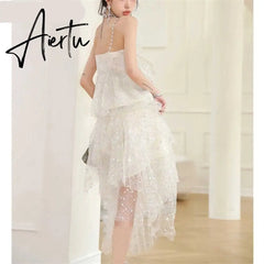 Aiertu Fashion Irregular Sequins Gypsophila Birthday Party Yarn Dress Women Light Luxury Sequins Diamonds Chain Suspender Dress Summer Aiertu