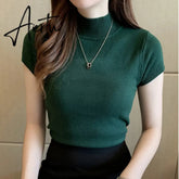Aiertu Fashion Knitt Short-sleeved T-shirt Women New Half Turtleneck Stretch Knitted Tshirt Solid Casual Spring Summer Female Tops Aiertu
