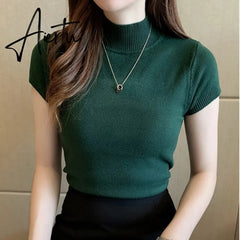Aiertu Fashion Knitt Short-sleeved T-shirt Women New Half Turtleneck Stretch Knitted Tshirt Solid Casual Spring Summer Female Tops Aiertu