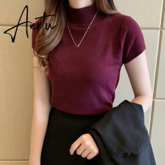 Aiertu Fashion Knitt Short-sleeved T-shirt Women New Half Turtleneck Stretch Knitted Tshirt Solid Casual Spring Summer Female Tops Aiertu