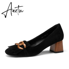 Aiertu Fashion Newest Women Shoes Spring Thick Heels Pumps for Women Genuine Leather Kid Suede Office Lady Party Shoes for Women Aiertu
