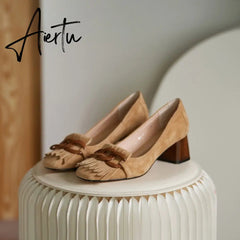 Aiertu Fashion Newest Women Shoes Spring Thick Heels Pumps for Women Genuine Leather Kid Suede Office Lady Party Shoes for Women Aiertu
