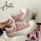 Aiertu Fashion Pink Heart Print Canvas Sneakers Spring Casual Zapatillas Mujer Students Daily Footwear Woman Vulcanize Shoes Aiertu