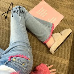 Aiertu Fashion Pink Line Contrast Color Jeans Spring Autumn Chic Denim Trousers Ladies Sweet Slim Wide-leg High Waist Women's Pants Aiertu