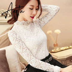 Aiertu Fashion Plus Size Lace Crocheted Hollow Out Top Stand-up Collar White Blouse Woman Sweet Long Sleeve Shirts Blusas 1695 Aiertu