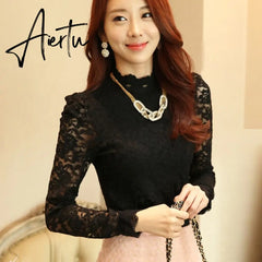 Aiertu Fashion Plus Size Lace Crocheted Hollow Out Top Stand-up Collar White Blouse Woman Sweet Long Sleeve Shirts Blusas 1695 Aiertu