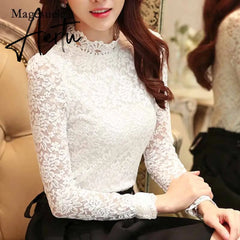 Aiertu Fashion Plus Size Lace Crocheted Hollow Out Top Stand-up Collar White Blouse Woman Sweet Long Sleeve Shirts Blusas 1695 Aiertu