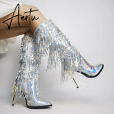 Aiertu Fashion Pointed Toe Fringe Sequined Mid Calf Boots For Women Zip Metallic Glitter Sexy Elegant Dress Long Shoes Aiertu