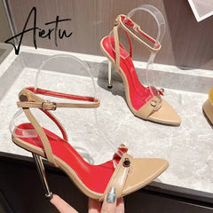 Aiertu Fashion Pointed Toe High Heels Designer Sandals Thin Heel Metal T-Head Rivet Stripe Narrow Band Ankle Strap Sandalia Aiertu