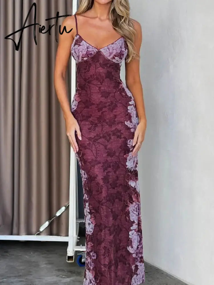 Aiertu Fashion Print Sleeveless Maxi Dress for Women Sexy Backless Sleeveless Bubble Dresses 2024 New Spring Summer Lady Beach Vestidos Aiertu