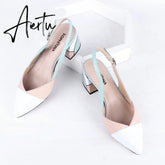 Aiertu Fashion Sandals Women Summer Genuine Leather Tricolor Heel Pointed Toe Sandals Handmade Thick Heels Women Shoes Aiertu