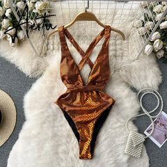 Aiertu Fashion Serpentine Print Sexy Bodysuits Hollow Out Cross Short Playsuit Streetwear Vacation Beach Backless Slim Romper Aiertu