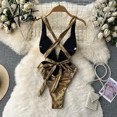 Aiertu Fashion Serpentine Print Sexy Bodysuits Hollow Out Cross Short Playsuit Streetwear Vacation Beach Backless Slim Romper Aiertu
