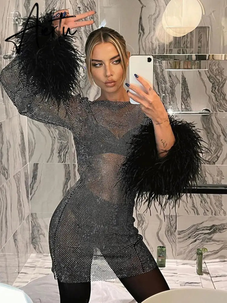 Aiertu Fashion Sexy Feather Patchwork Long Sleeve Mesh Dress Women Autumn See-through Bodycon Package Hip Party Night Club Dresses Aiertu