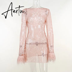 Aiertu Fashion Sexy Feather Patchwork Long Sleeve Mesh Dress Women Autumn See-through Bodycon Package Hip Party Night Club Dresses Aiertu