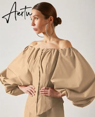 Aiertu Fashion Sexy Off Shoulder Blouses Women Spring Summer Lantern Long Sleeve Print Top Vintage Holiday Elegant Shirt Blusas Aiertu