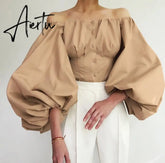 Aiertu Fashion Sexy Off Shoulder Blouses Women Spring Summer Lantern Long Sleeve Print Top Vintage Holiday Elegant Shirt Blusas Aiertu