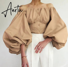 Aiertu Fashion Sexy Off Shoulder Blouses Women Spring Summer Lantern Long Sleeve Print Top Vintage Holiday Elegant Shirt Blusas Aiertu