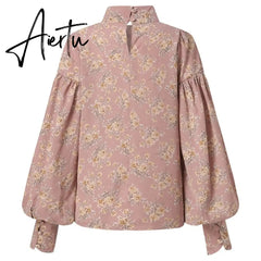 Aiertu Fashion Shirts Autumn Women Big Lantern Sleeve Bohemian Floral Print Blouse Casual Loose Stand Collar Elegant Tops Aiertu