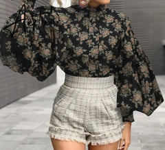 Aiertu Fashion Shirts Autumn Women Big Lantern Sleeve Bohemian Floral Print Blouse Casual Loose Stand Collar Elegant Tops Aiertu