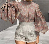 Aiertu Fashion Shirts Autumn Women Big Lantern Sleeve Bohemian Floral Print Blouse Casual Loose Stand Collar Elegant Tops Aiertu