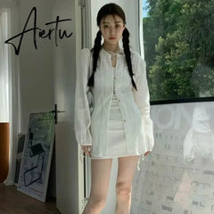 Aiertu Fashion Suit Women Long Sleeve Lacing Up Sun Protection Shirt Summer High Waist Pleated Half Body Short Skirt Two Pieces Clothes Aiertu