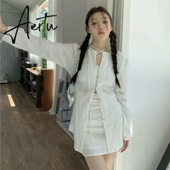 Aiertu Fashion Suit Women Long Sleeve Lacing Up Sun Protection Shirt Summer High Waist Pleated Half Body Short Skirt Two Pieces Clothes Aiertu