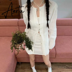 Aiertu Fashion Suit Women Long Sleeve Lacing Up Sun Protection Shirt Summer High Waist Pleated Half Body Short Skirt Two Pieces Clothes Aiertu