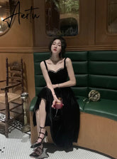 Aiertu Fashion Summer New Elegant Spaghetti Strap Velvet Vintage Black Dress Women Sexy Prom Evening Party Korean Style Dresses Aiertu