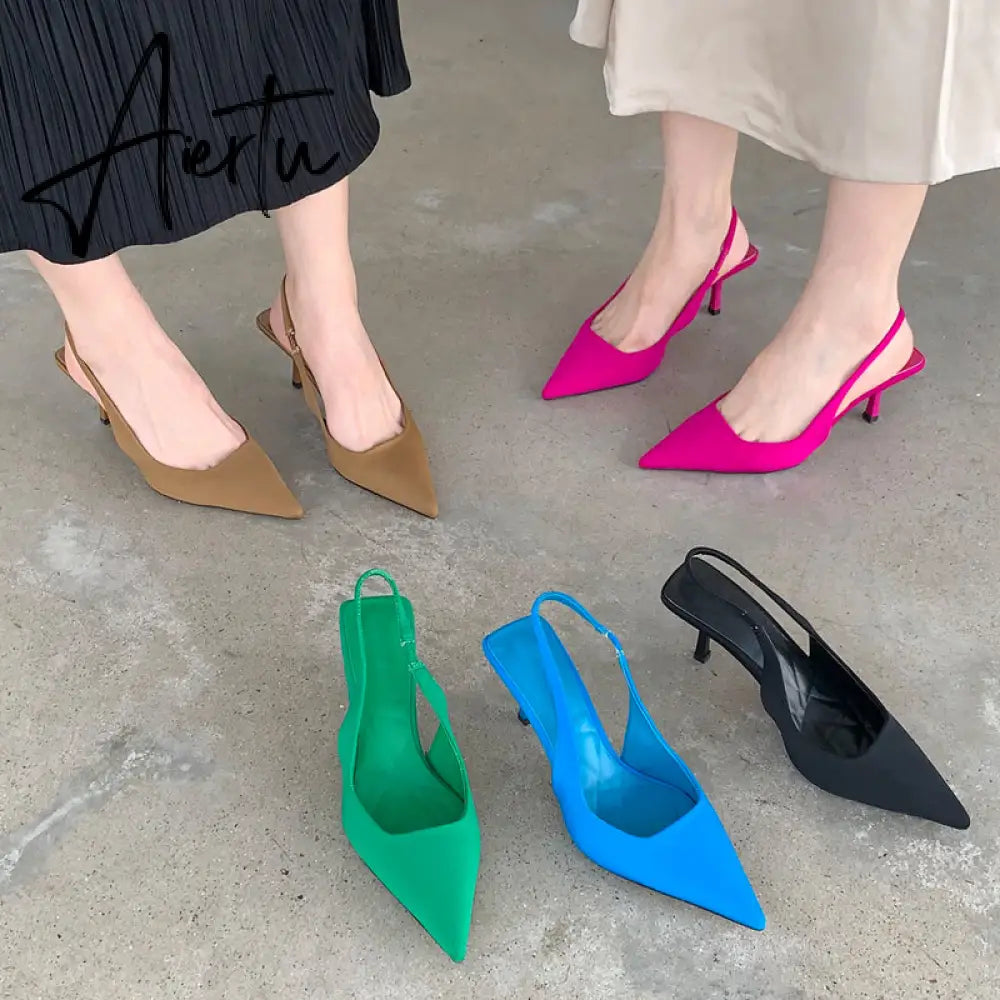 Aiertu Fashion Thin High Heels Slingback Sandals Pointed Toe Slip On Mules Shoes Ladies Elegant Shallow Pumps Party Dress Shoes Aiertu