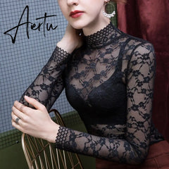 Aiertu Fashion Women Lace Blouse Shirt Women Sexy See-through Long Sleeve Mesh Blouses Blusas Spring Summer Elastic Skinny Tops Aiertu