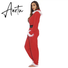 Aiertu Fashion Women Men Unisex Solid Color Winter Pajama Long Sleeve Feathers Zipper Hooded Plush Christmas Romper With Belt Aiertu
