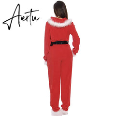 Aiertu Fashion Women Men Unisex Solid Color Winter Pajama Long Sleeve Feathers Zipper Hooded Plush Christmas Romper With Belt Aiertu