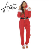 Aiertu Fashion Women Men Unisex Solid Color Winter Pajama Long Sleeve Feathers Zipper Hooded Plush Christmas Romper With Belt Aiertu