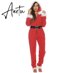 Aiertu Fashion Women Men Unisex Solid Color Winter Pajama Long Sleeve Feathers Zipper Hooded Plush Christmas Romper With Belt Aiertu