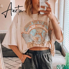 Aiertu Fashion Women's T-shirts Vintage New Loose Pullover T-shirt Female Clothes Summer Pattern Printed Short Sleeve Tee Shirt Aiertu