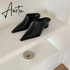 Aiertu Fashion Women Sandals Slippers Roman Style Slides Party Pumps Thick Square Heeled Black/White Mules Shoes Pointed Toe Slides 9.5 Aiertu
