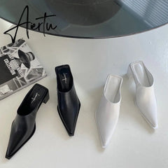 Aiertu Fashion Women Sandals Slippers Roman Style Slides Party Pumps Thick Square Heeled Black/White Mules Shoes Pointed Toe Slides 9.5 Aiertu